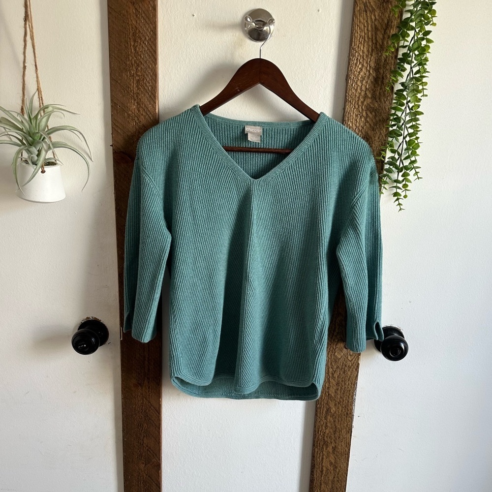 Chico's Sweater Women's Size 1 (Medium) V-Neck Ribbed 3/4 Sleeve V-Neck Teal